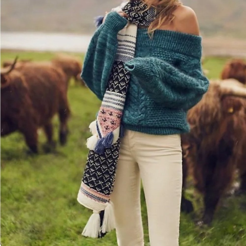 Anthropologie Sleeping on Snow Teal Alpaca Blend Cable Knit Sweater